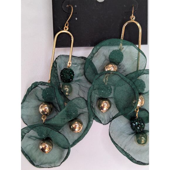 Green Organza Petal Earrings with Gold Beads - Picture 3 of 7